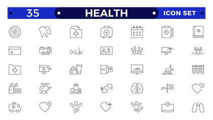 Health Care outline icon set. Medicine and Health Care linear icon collection. Containing emergency, doctor, treatment, medical, report, diagnosis, health, prevention. virtual, computing, online.