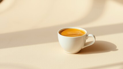 Obraz premium Aromatic Coffee in a White Cup Basking in Sunlight on a Beige Surface