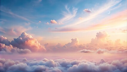 Fototapeta premium Serene Sunset Sky Above a Sea of Clouds with a Crescent Moon