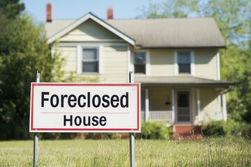 Bankruptcy and foreclosure concept. A foreclosed house is displayed with a prominent sign, indicating it is no longer owned by the original homeowner, set in a lush, green environment.