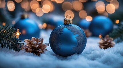 Blue ornaments and pine cones create a festive atmosphere during the holiday season with soft snow and warm lights