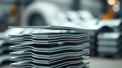 Precision-cut metal sheets stacked neatly in industrial setting