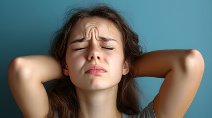 Fototapeta premium A person gripping their neck, their expression showing discomfort and fatigue