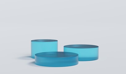 Sky Blue Matte Glass Cylinder Podium Platform Scene Stand White Grey Background Show Cosmetic Bottle Beauty Products 3 Three Pedestals Showcase On Display Workshop Mockup Realistic 3D Illustration