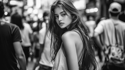 Beautiful young woman posing on a crowded street