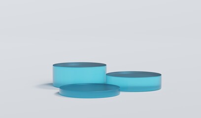Sky Blue Matte Glass Cylinder Podium Platform Scene Stand White Grey Background Show Cosmetic Bottle Beauty Products 3 Three Pedestals Showcase On Display Workshop Mockup Realistic 3D Illustration