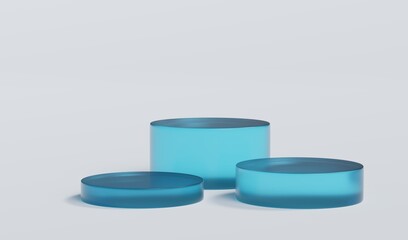 Sky Blue Matte Glass Cylinder Podium Platform Scene Stand White Grey Background Show Cosmetic Bottle Beauty Products 3 Three Pedestals Showcase On Display Workshop Mockup Realistic 3D Illustration