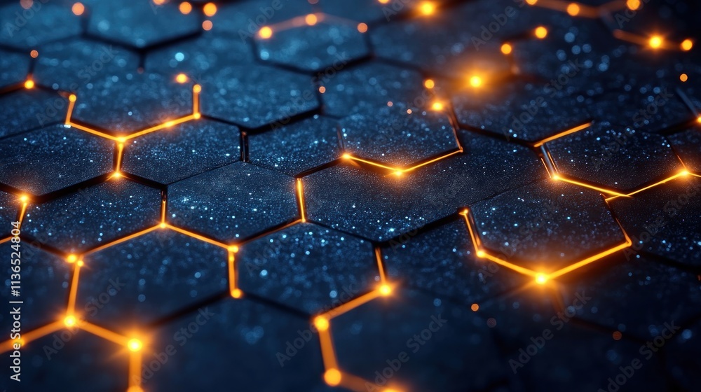 Poster hexagonal pattern with glowing edges on dark surface