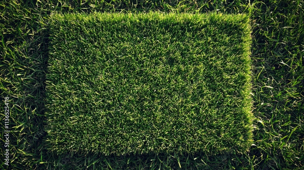 Poster Patch of fake grass used as a small outdoor lawn in a backyard 