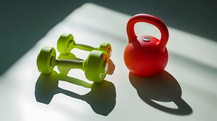 Fitness equipment lime green dumbbells and red kettlebell casting shadows on a white surface.  Perfect for health, wellness, and exercise concepts.