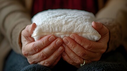 A pair of hands clutching a hot compress, their expression showing slight relief