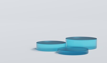 Sky Blue Matte Glass Cylinder Podium Platform Scene Stand White Grey Background Show Cosmetic Bottle Beauty Products 3 Three Pedestals Showcase On Display Workshop Mockup Realistic 3D Illustration