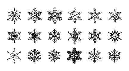 Unique snowflakes set, detailed hand drawn flat vector line illustration. Graphic outline drawing. Christmas and New Year symbol. Beautiful snowflake silhouette icon for frosty winter designs.