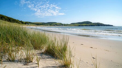 Sea grass growing along a sandy beach, with waves crashing in the background 