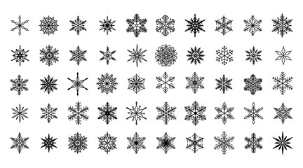 Unique snowflakes set, detailed hand drawn flat vector line illustration. Graphic outline drawing. Christmas and New Year symbol. Beautiful snowflake silhouette icon for frosty winter designs.