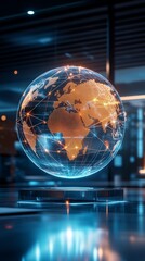 A holographic globe in a sleek office displaying international business connections, sharp, dynamic