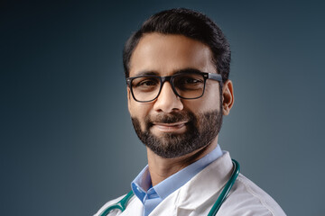 Smiling, Indian man, doctor wearing white coat, stylish eyeglasses, bearded male looking at camera