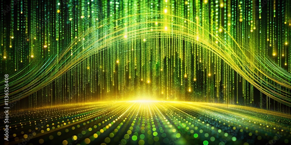 Poster green yellow binary code stream long exposure data transfer technology abstract art
