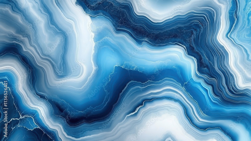 Poster a mesmerizing abstract pattern featuring swirling shades of blue and white, resembling agate layers,