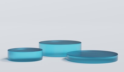 Sky Blue Matte Glass Cylinder Podium Platform Scene Stand White Grey Background Show Cosmetic Bottle Beauty Products 3 Three Pedestals Showcase On Display Workshop Mockup Realistic 3D Illustration