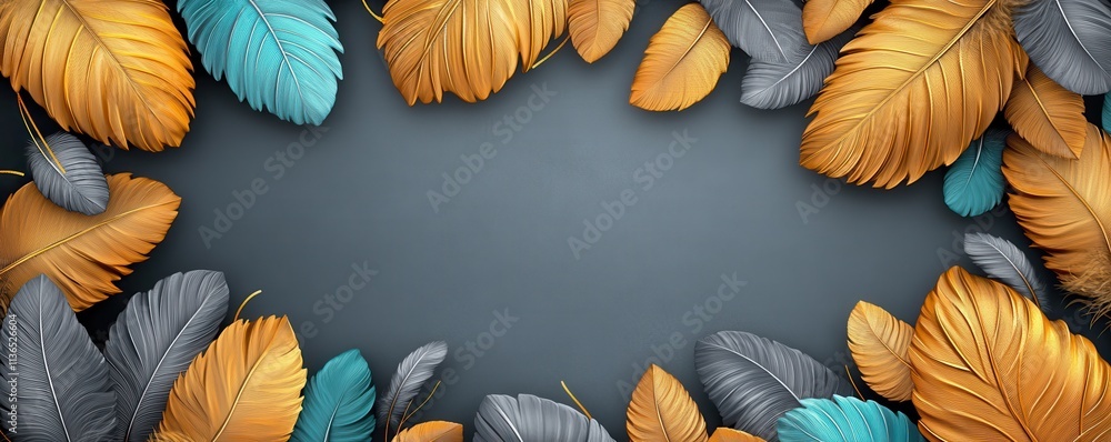 Poster a vibrant arrangement of colorful feathers framing a dark background, creating a striking visual eff