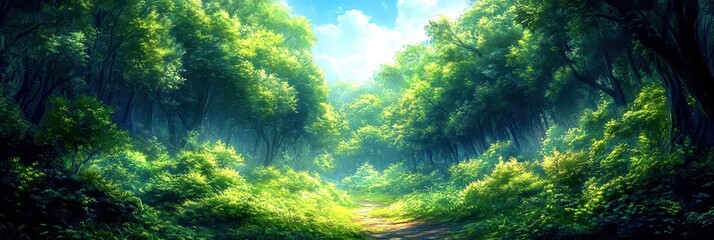 Lush green forest pathway under clear blue sky with vibrant foliage.