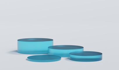 Sky Blue Matte Glass Cylinder Podium Platform Scene Stand White Grey Background Show Cosmetic Bottle Beauty Products 4 Four Pedestals Showcase On Display Workshop Mockup Realistic 3D Illustration