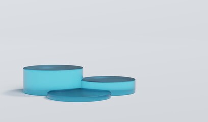 Sky Blue Matte Glass Cylinder Podium Platform Scene Stand White Grey Background Show Cosmetic Bottle Beauty Products 3 Three Pedestals Showcase On Display Workshop Mockup Realistic 3D Illustration