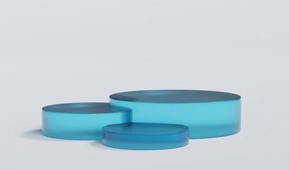 Sky Blue Matte Glass Cylinder Podium Platform Scene Stand White Grey Background Show Cosmetic Bottle Beauty Products 3 Three Pedestals Showcase On Display Workshop Mockup Realistic 3D Illustration