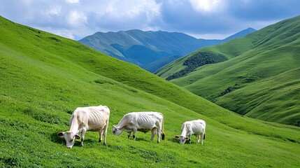 Cows grazing on lush green hills under a blue sky, natural landscape.