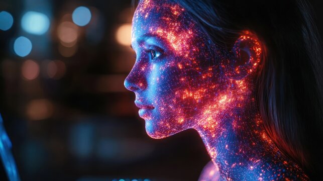 Woman illuminated with cosmic patterns on her face