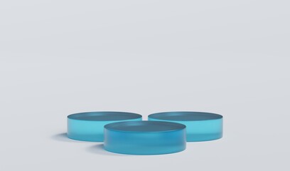 Sky Blue Matte Glass Cylinder Podium Platform Scene Stand White Grey Background Show Cosmetic Bottle Beauty Products 3 Three Pedestals Showcase On Display Workshop Mockup Realistic 3D Illustration