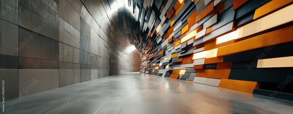 Poster a modern, abstract hallway featuring dynamic colors and textures, creating a sense of motion and dep