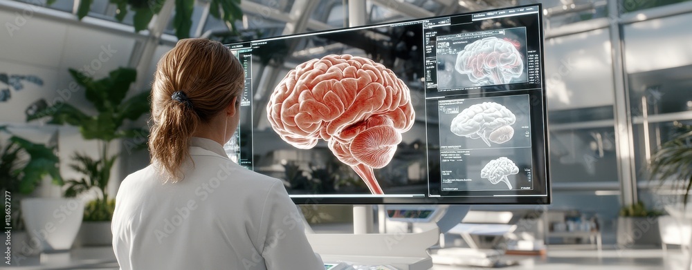 Poster a scientist analyzes a detailed 3d brain model on a display, exploring neurological data in a modern