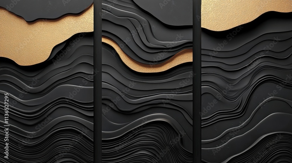 Poster a textured abstract design featuring black layered waves with golden accents, creating a modern and 