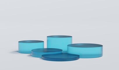 Sky Blue Matte Glass Cylinder Podium Platform Scene Stand White Grey Background Show Cosmetic Bottle Beauty Products 5 Five Pedestals Showcase On Display Workshop Mockup Realistic 3D Illustration