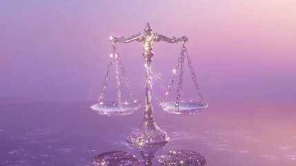 A shining scale of justice symbolizes balance and fairness against a soft purple background.