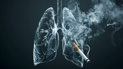 Smoking's Impact: Lungs consumed by smoke, a cigarette's ember glows, symbolizing the damaging effects of tobacco. A stark image for health campaigns. 