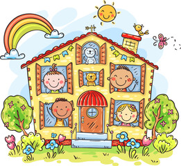 Happy kids in the house. Cute cartoon children friends playing at home. Colorful vector illustration