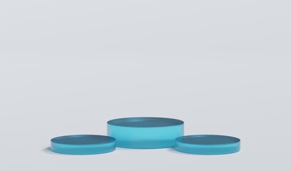 Sky Blue Matte Glass Cylinder Podium Platform Scene Stand White Grey Background Show Cosmetic Bottle Beauty Products 3 Three Pedestals Showcase On Display Workshop Mockup Realistic 3D Illustration