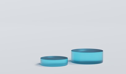 Sky Blue Matte Glass Cylinder Podium Platform Scene Stand White Grey Background Show Cosmetic Bottle Beauty Products 2 Two Pedestals Showcase On Display Workshop Mockup Realistic 3D Illustration