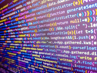Hacking theme hologram with office interior on background. Coding script text on monitor. Computer...