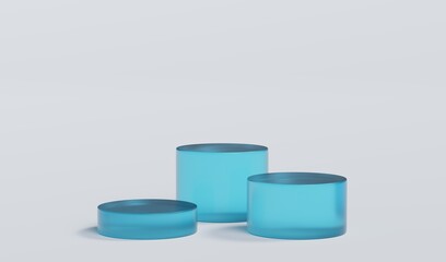 Sky Blue Matte Glass Cylinder Podium Platform Scene Stand White Grey Background Show Cosmetic Bottle Beauty Products 3 Three Pedestals Showcase On Display Workshop Mockup Realistic 3D Illustration