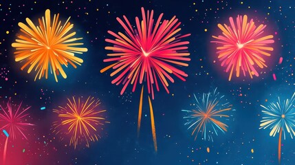 Colorful fireworks display in a night sky, vibrant bursts of color against a dark background.