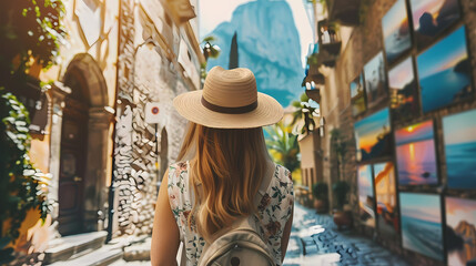 Wanderlust: A lone traveler in a sun-drenched European alleyway with a backpack and straw hat, a symbol of adventure and exploration. The picturesque setting is adorned with art prints.