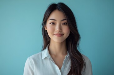 Obraz premium A young woman serene smile and elegant pose against a soft green setting emphasize her natural grace and allure.