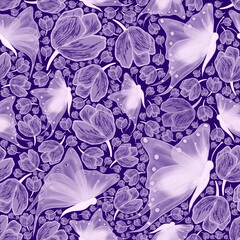 White transparent butterflies and tulips seamless repeating pattern on violet background. Floral pattern, background.