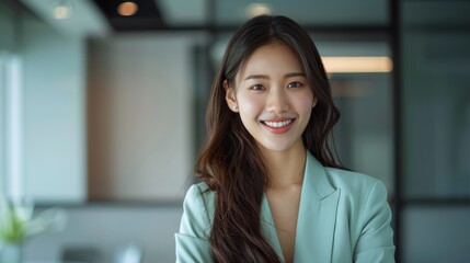 Fototapeta premium a light plastel green suit, an Asian businesswoman stands confidently in a soft and solid pastel plain background, her calm demeanor perfect for professional environments.