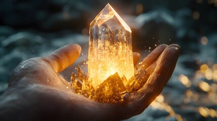 A delicate crystal shard glowing in a person s hand, their anguished expression softening into calm
