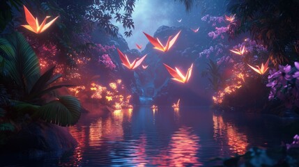 Obraz premium Glowing Origami Cranes Over Jungle River at Night